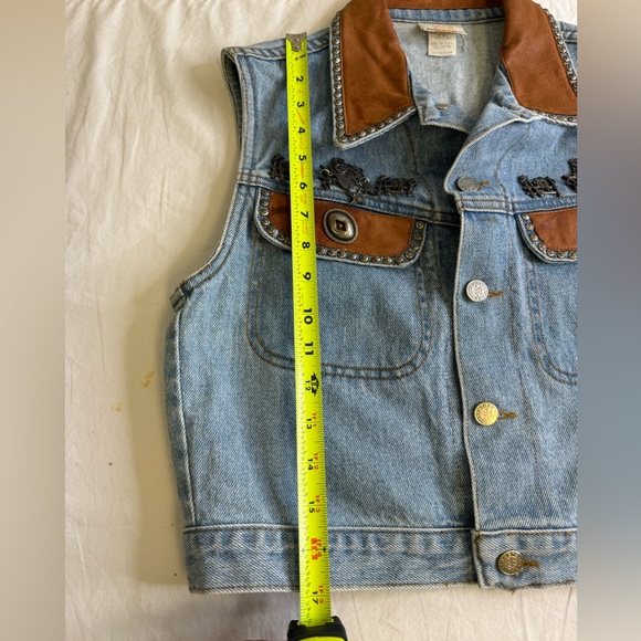 Vintage Streets Ahead Denim Jean Leather Vest Size M 100% Cotton Western Pins - Picture 6 of 15